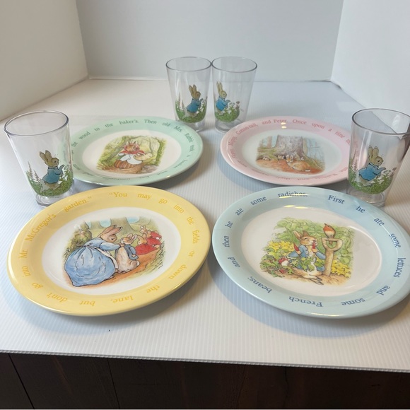Pottery Barn Kids Other - Pottery Barn Kids Set of Four Peter Rabbit Plates and Tumblers